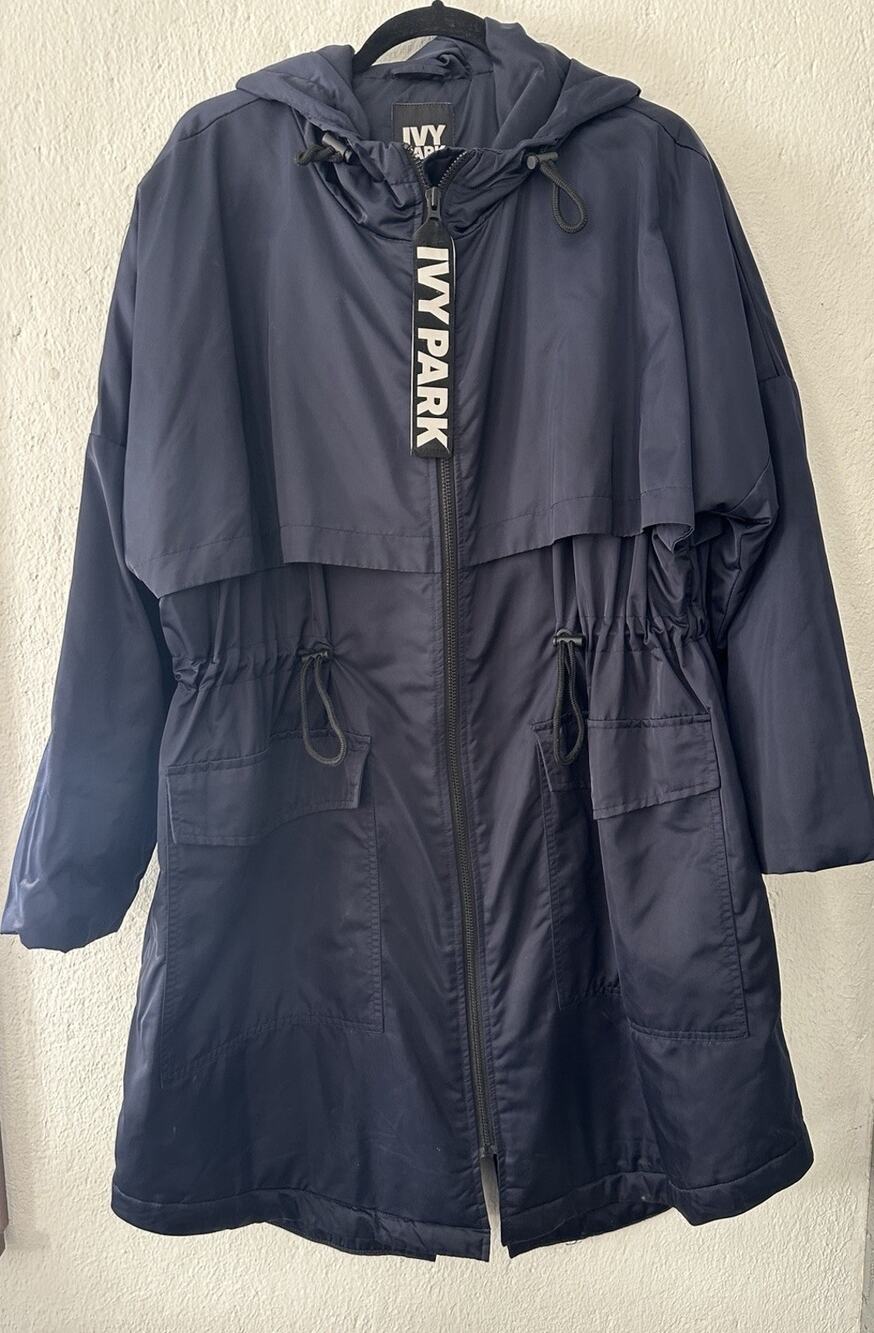 Ivy Park Women's Jacket Sm Navy Hooded Split Hem Adjustable Waist Trench Long